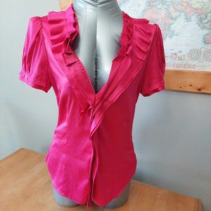 BCBGMAXAZRIA Women ruffle V-neck blouse short sleeve fuchsia side zipper small
